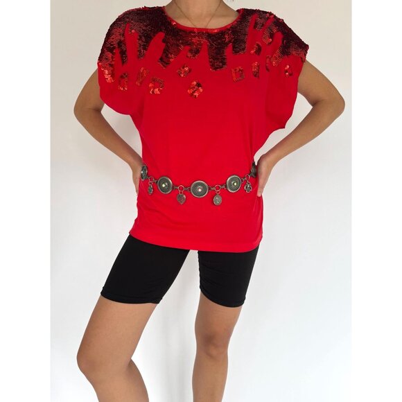 80s vintage red sequin embellished funky cotton short sleeved tee shirt large - Picture 2 of 9